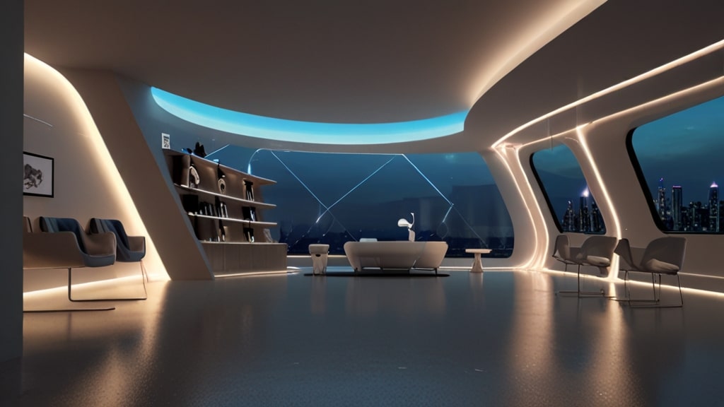 Interior moderno de un salón de belleza futurista con tecnología avanzada y diseño minimalista